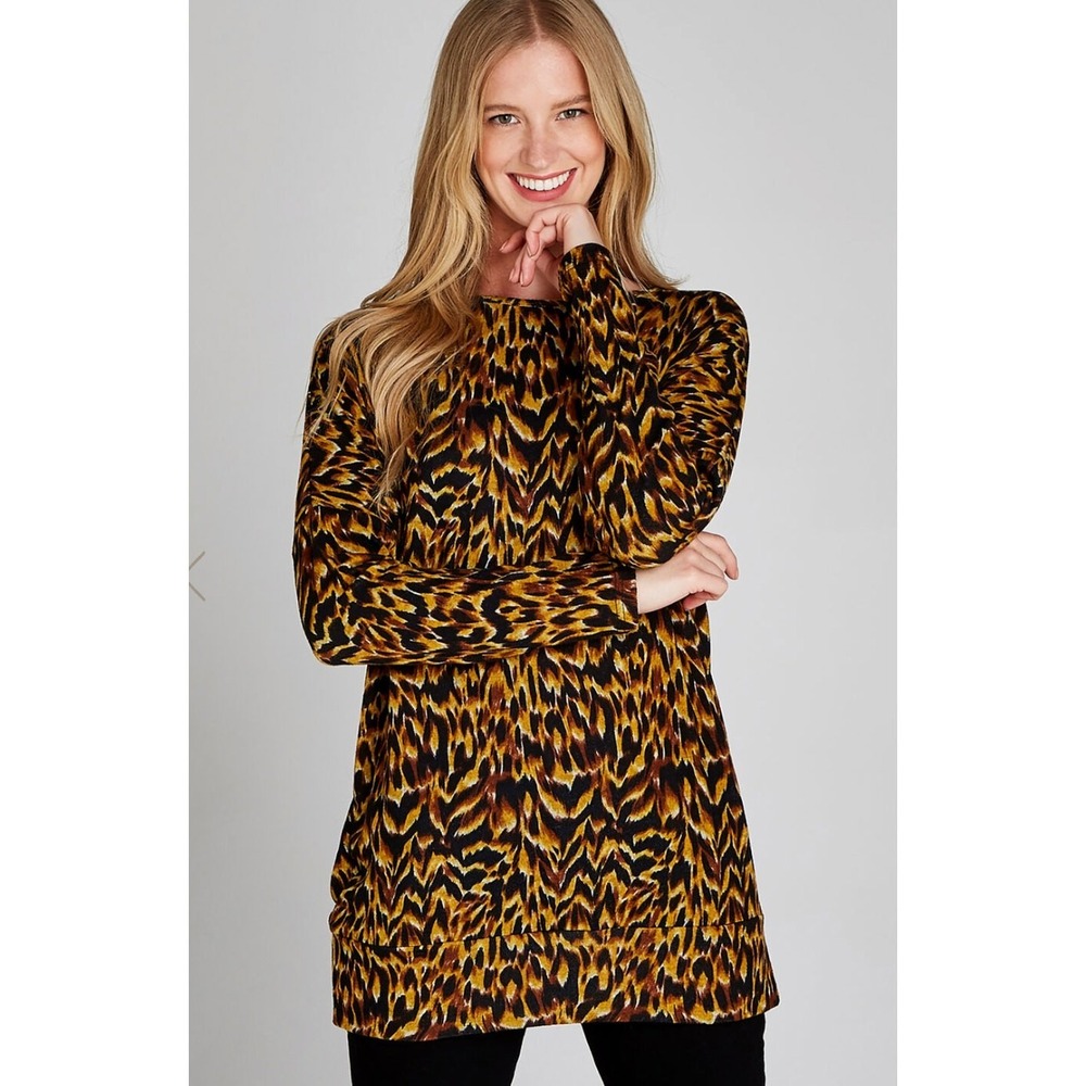 Apricot Sweater Women XS‎ Brown Leopard Print Animal Boho Chic